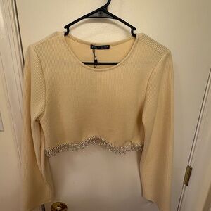 Zara Beige Cropped Sweater with Pearl Accents